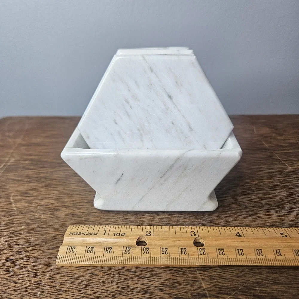 White Marble Hexagon‎ Coasters Set of 5 Matching Caddy Holder Veined Gray Vtg